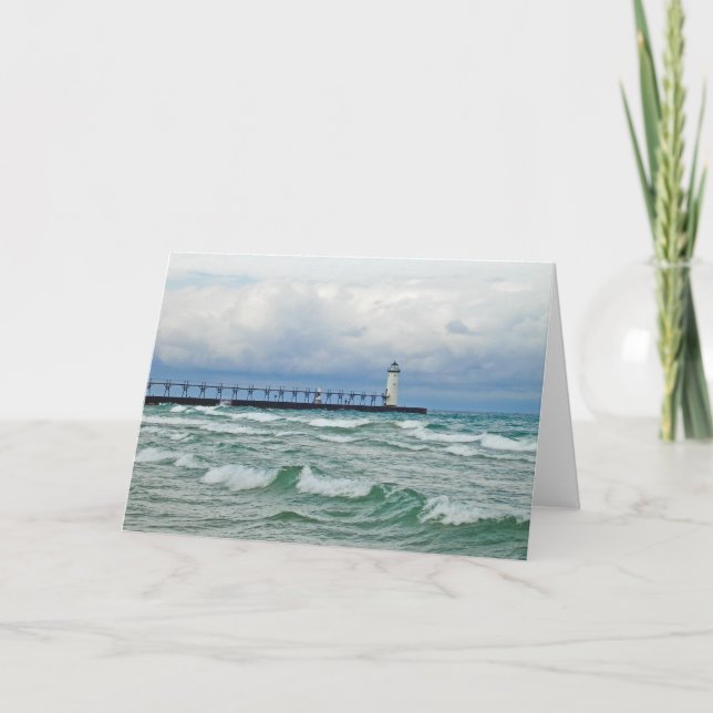 Leuchtturm Manistee mit Grußkarte in hohen Wellen Karte (Vorderseite)
