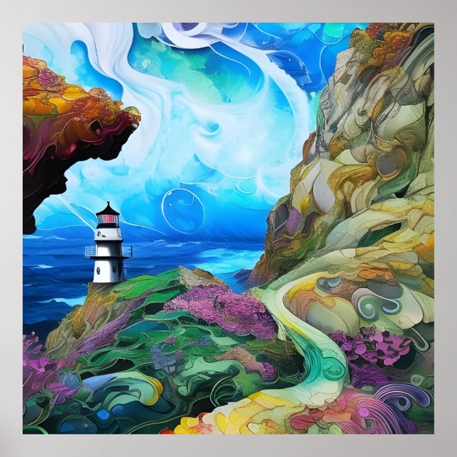 Leuchtturm mit Blick auf das Meer Poster (Vorne)