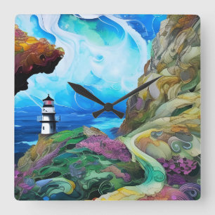 Leuchtturm mit Blick aufs Meer Quadratische Wanduhr