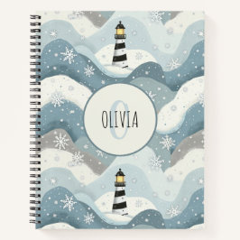 Leuchtturm mit Eiswaves Winter Nautical Monogram Notizbuch
