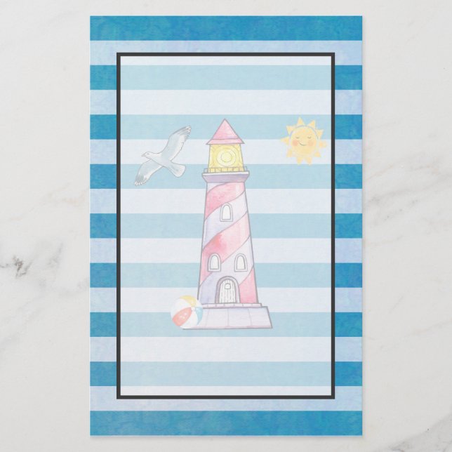 Leuchtturm mit rotem Streifen auf blauen Streifen Briefpapier (Vorderseite)