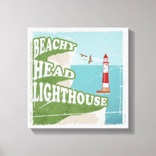 Leuchtturm mit Strandkopf Retroposter Leinwanddruck (Vorderseite)