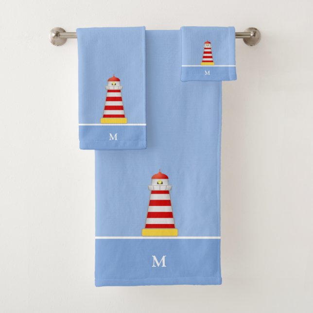 Leuchtturm & Monogramm auf Hellblau Badhandtuch Set (Insitu)