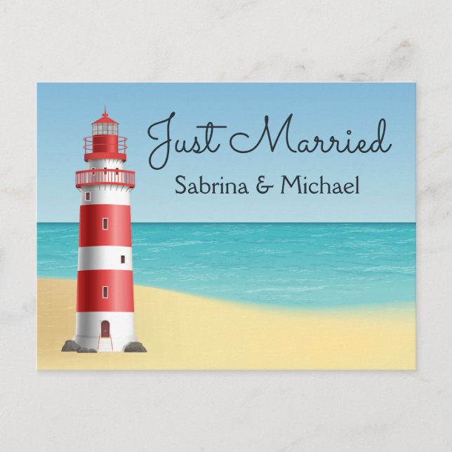 Leuchtturm Nautical Just Married Beach Hochzeit Ankündigungspostkarte (Vorderseite)