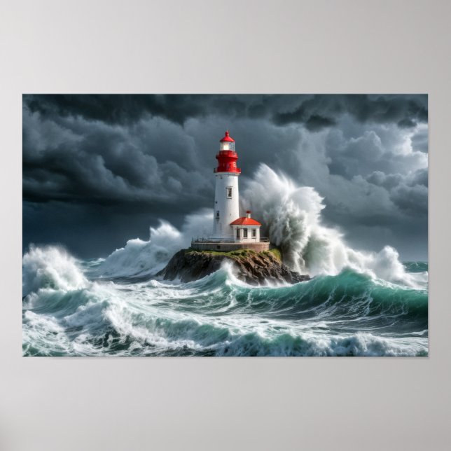 Leuchtturm Ozean Sturm Majestic Powerful Wave Poster (Vorne)