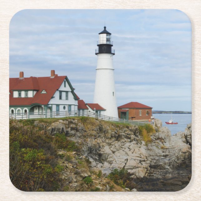 Leuchtturm Portland Headlight auf felsigem Ufer Rechteckiger Pappuntersetzer (Vorderseite)