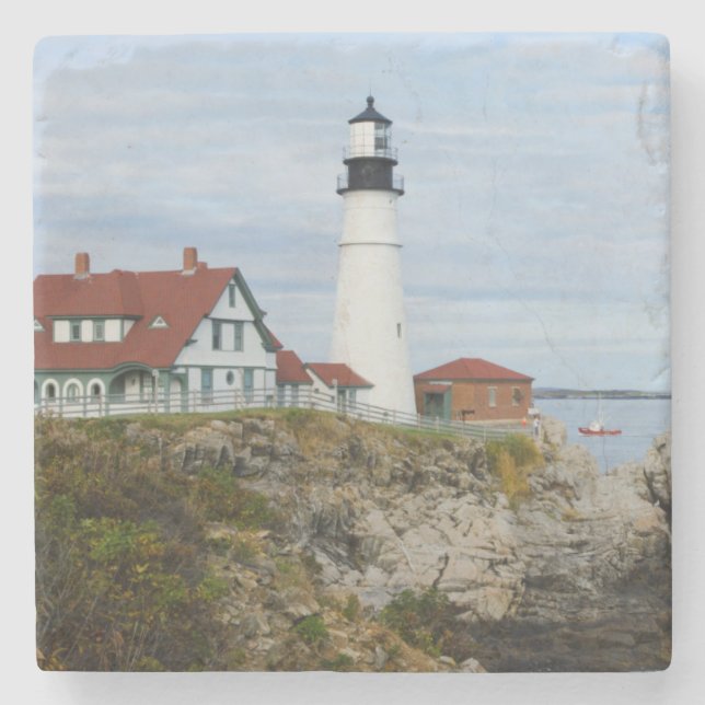 Leuchtturm Portland Headlight auf felsigem Ufer Steinuntersetzer (Vorderseite)
