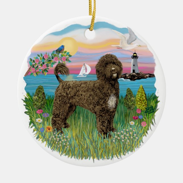 Leuchtturm - Portugiesischer Wasserhund #2 braun Keramik Ornament (Vorne)