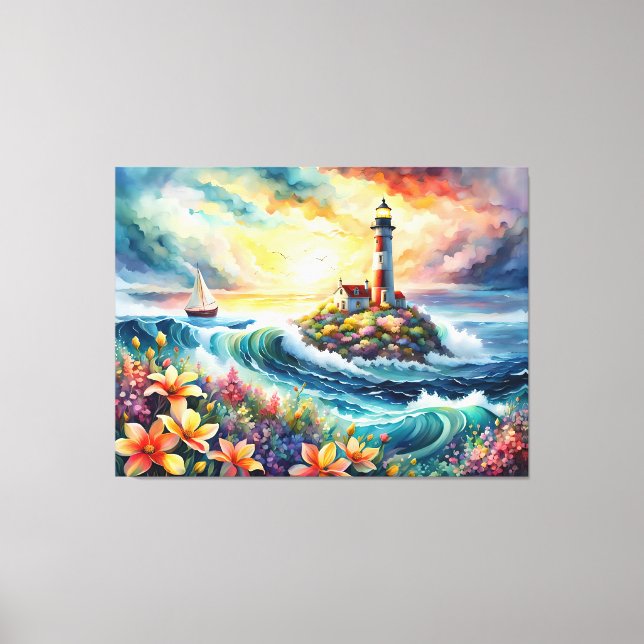 Leuchtturm Sailboat Floral Beauty Wasserfarbe Leinwanddruck (Vorderseite)