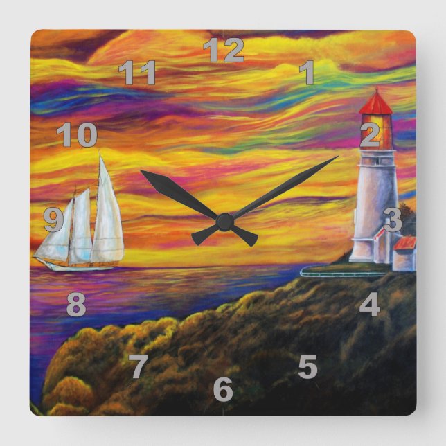 Leuchtturm & Sailboat im Sunset Ocean Quadratische Wanduhr (Vorderseite)