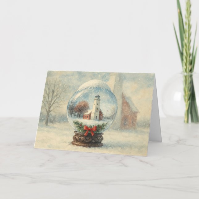 Leuchtturm-Schneekugel-Weihnachtskarte Karte (Vorderseite)
