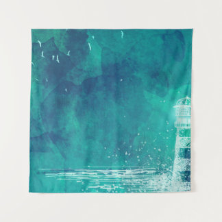 Leuchtturm & Seagulls - Aquarellfarben Wandteppich