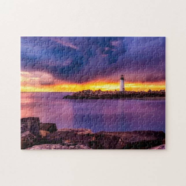 Leuchtturm & Sonnenuntergang Foto Puzzle mit Gesch (Horizontal)