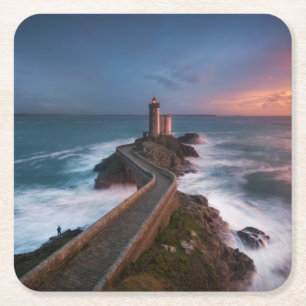 Leuchtturm-Sonnenuntergang Plouzané   Finistère, Rechteckiger Pappuntersetzer