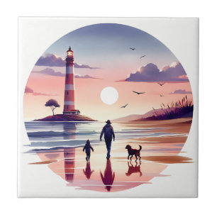 Leuchtturm-Sonnenuntergang-Spaziergang Küstenlands Fliese