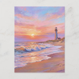 Leuchtturm Strand Sonnenuntergang - Pastell-Malsti Postkarte