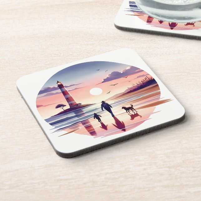 Leuchtturm Sunset Walk Coastal Szene Getränkeuntersetzer (Linke Seite)
