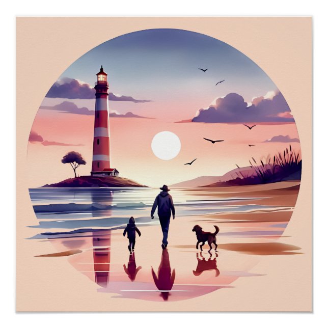 Leuchtturm Sunset Walk Coastal Szene Poster (Vorderseite)