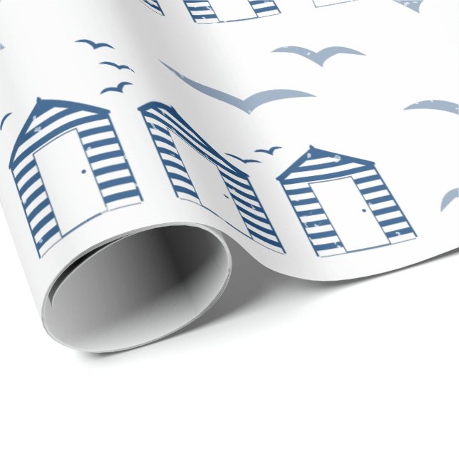 Leuchtturm und Beach Hütte Blue White Nautical Geschenkpapier (Rolleneckpunkt)