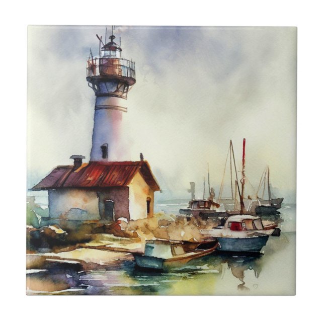 Leuchtturm und Boote Wasserfarben Kunst, Dichtung  Fliese (Vorderseite)