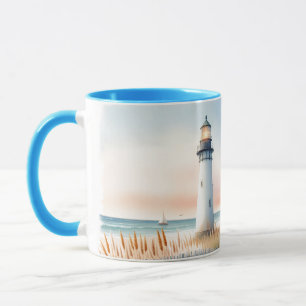 Leuchtturm und Cottage am Meer Aquarellszene Tasse