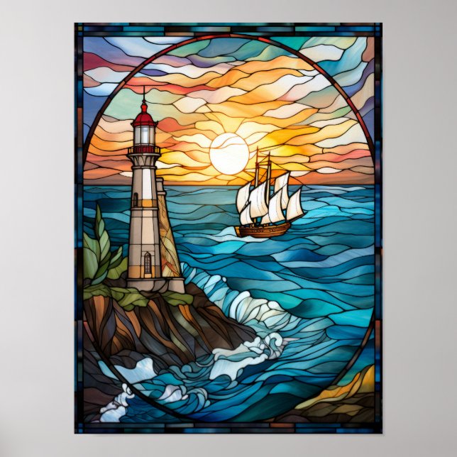 Leuchtturm und Großschiff Poster (Vorne)
