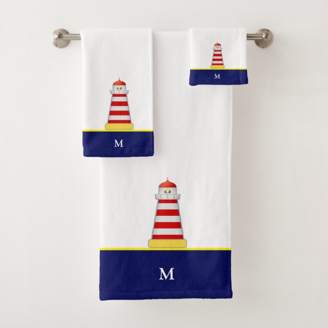 Leuchtturm und Monogramm auf blau und weiß Badhandtuch Set (Insitu)