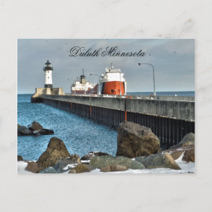 Leuchtturm und Schiff, Duluth Minnesota Postkarte