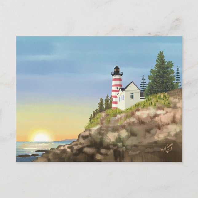 Leuchtturm und Sonnenuntergang Postkarte (Vorderseite)