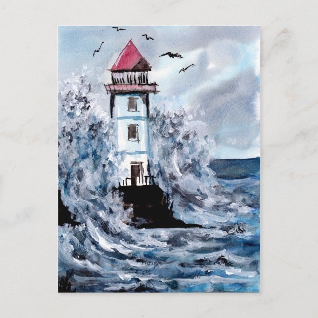 Leuchtturm und Wasserfarbe des Sturms Postkarte (Vorderseite)