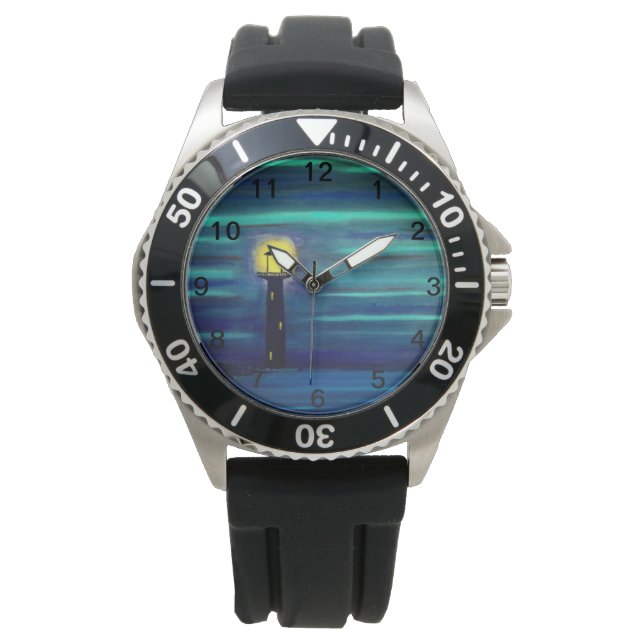 Leuchtturm unter dem Mond Armbanduhr (Vorderseite)