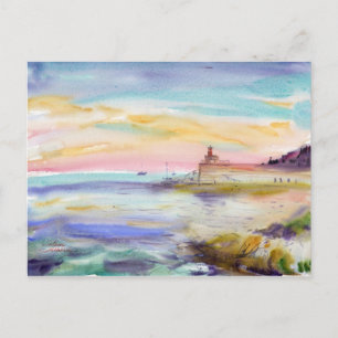 Leuchtturm Villefranche Sonnenuntergang Aquarell Postkarte