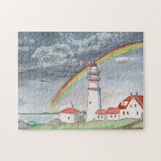 Leuchtturm Wasserfarbe Regenbogen Landschaft Meer (Horizontal)