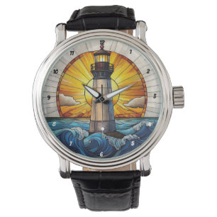 Leuchtturm-Wellen-Buntglas im Sonnenlicht Armbanduhr
