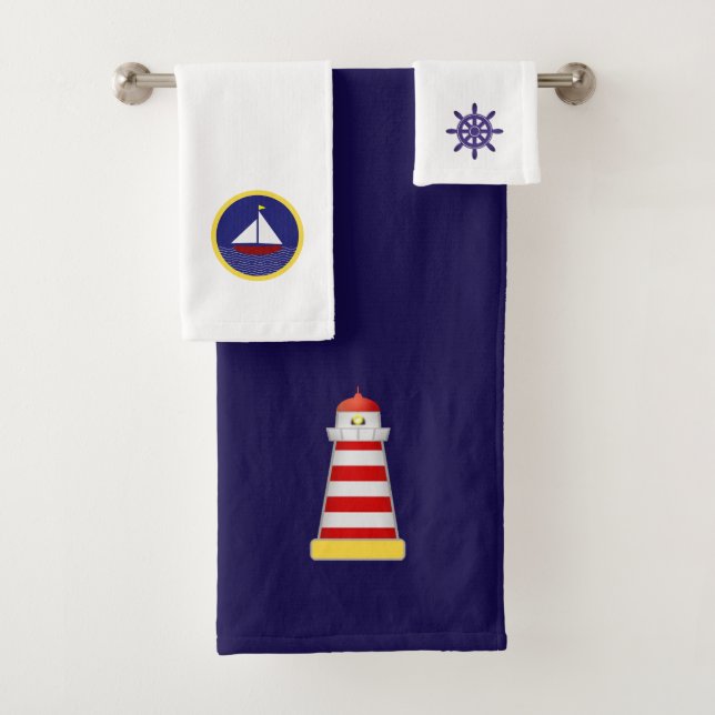 Leuchtturm, Yacht & Helm auf Navy Blue & White Badhandtuch Set (Insitu)