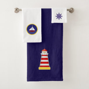 Leuchtturm, Yacht & Steuer auf Marineblau & Weiß Badhandtuch Set