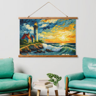 Leuchtturmlandschaft Wandteppich Mit Holzrahmen