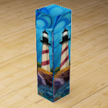 Leuchtturmspitze Weinbox<br><div class="desc">Schönes rot-weiß gestreiftes Leuchtturm auf einem Felsvorsprung umgeben von Blume und blauem Wasser/Himmel Kunst von minx267</div>