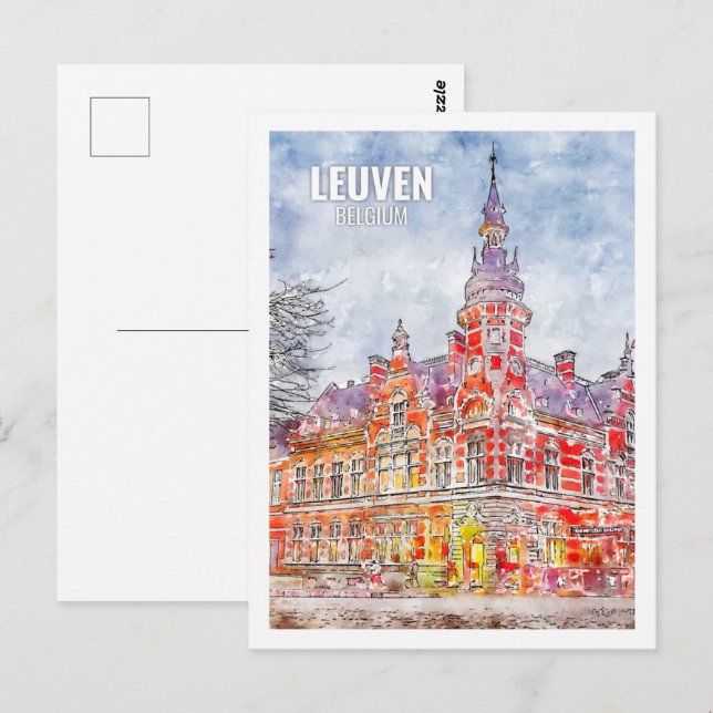 Leuven Belgium Famous Travel Place Watercolor Postkarte (Vorne/Hinten)