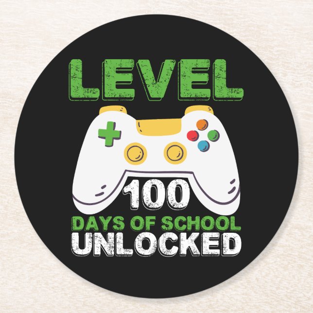 Level 100 Days of School Unlock Gamer Video Game Runder Pappuntersetzer (Vorderseite)