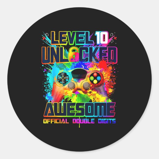 Level 10 Unlocked Awesome Gaming Birthday Boy 10th Runder Aufkleber (Vorderseite)