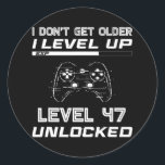 Level 47 Unlocked Gamer 47th Birthday Decorations Runder Aufkleber<br><div class="desc">Level 47 Unlocked Gamer 47th Birthday Decorations Party 1975 Gift. Perfect gift for your dad,  mom,  papa,  men,  women,  friend and family members on Thanksgiving Day,  Christmas Day,  Mothers Day,  Fathers Day,  4th of July,  1776 Independent day,  Veterans Day,  Halloween Day,  Patrick's Day</div>