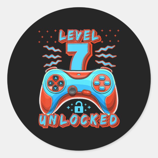 Level 7 Unlocked Video Game 7th Birthday Gamer Boy Runder Aufkleber (Vorderseite)