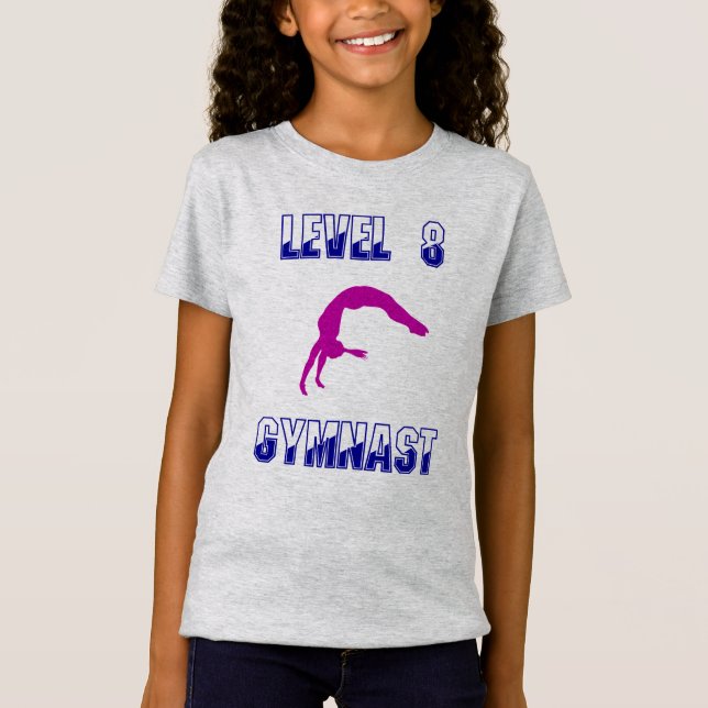 Level 8 Gymnast Blau und Magenta Gymnastik T-Shirt (Vorderseite)