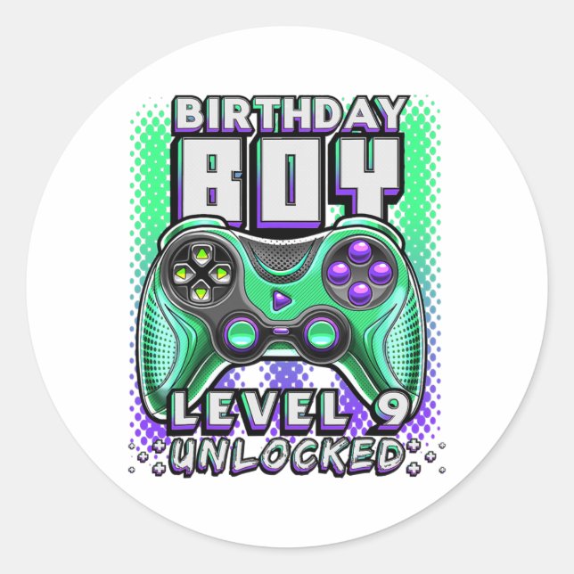 Level 9 Unlocked Video Game 9th Birthday Gamer Runder Aufkleber (Vorderseite)