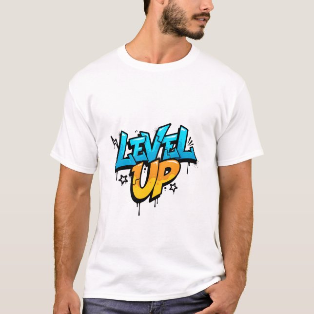 Level Up Blue Orange 3D Graffiti Gaming T-Shirt (Vorderseite)