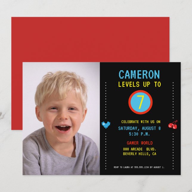 Level Up Custom 7th Birthday Party Boy Foto Einladung (Vorne/Hinten)