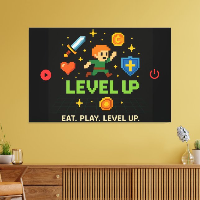 Level Up Gamer Canvas – Pixel Retro Wall Art Leinwanddruck (Insitu (Wohnzimmer))