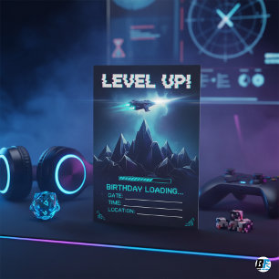 Level Up Gamer Space Sci-Fi Glitch Geburtstag Einladung