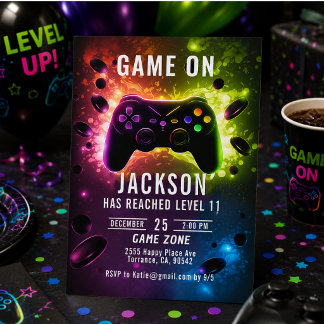 Level Up! Neon Video Game Birthday Party Einladung